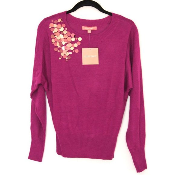 ELLEN  TRACY Magenta SEQUIN Gold SWEATER Long Sleeve TOP ( XS ) - Picture 3 of 3